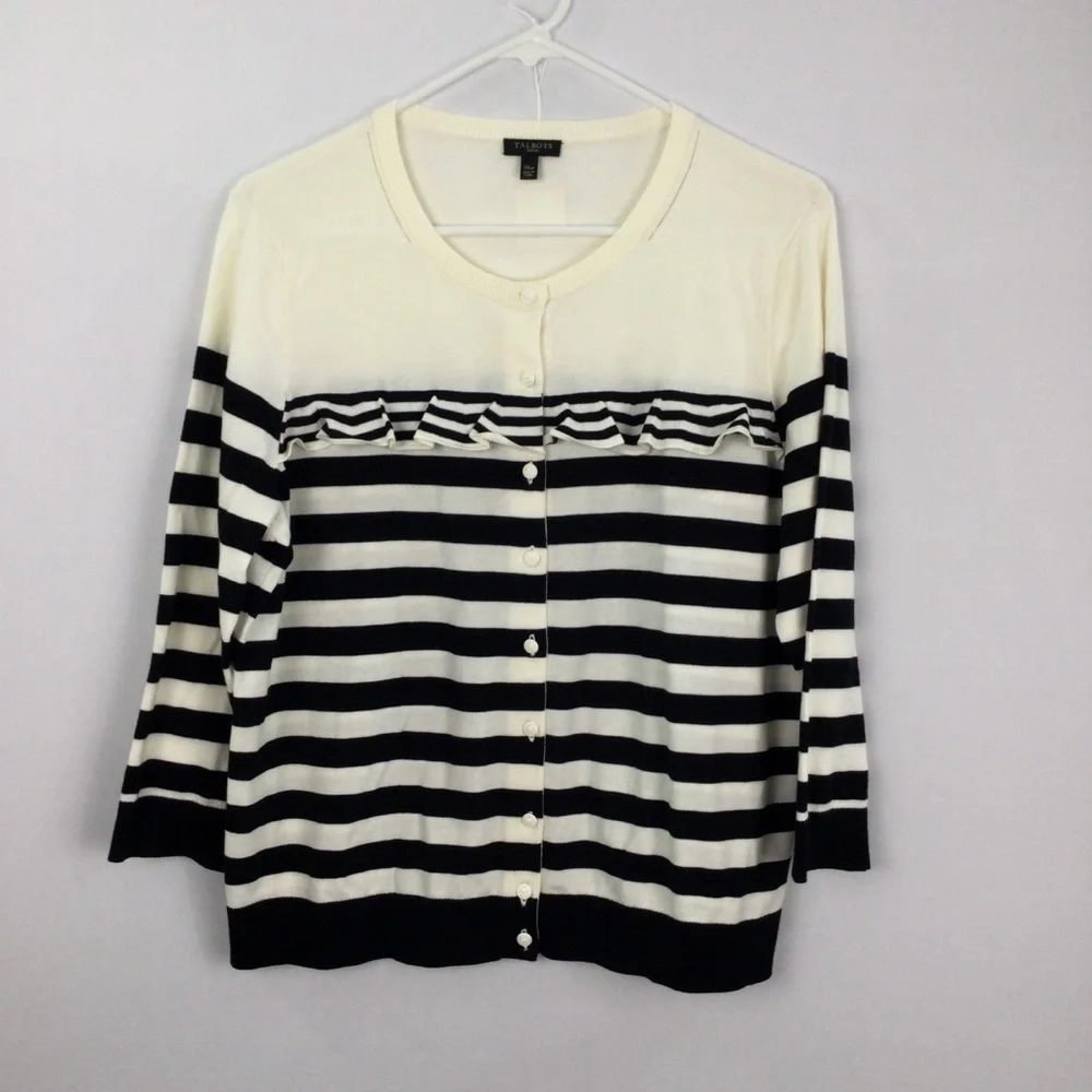 Talbots Charming‎ Cardigan Stripe Ruffle Yoke Sweater womens size XLp